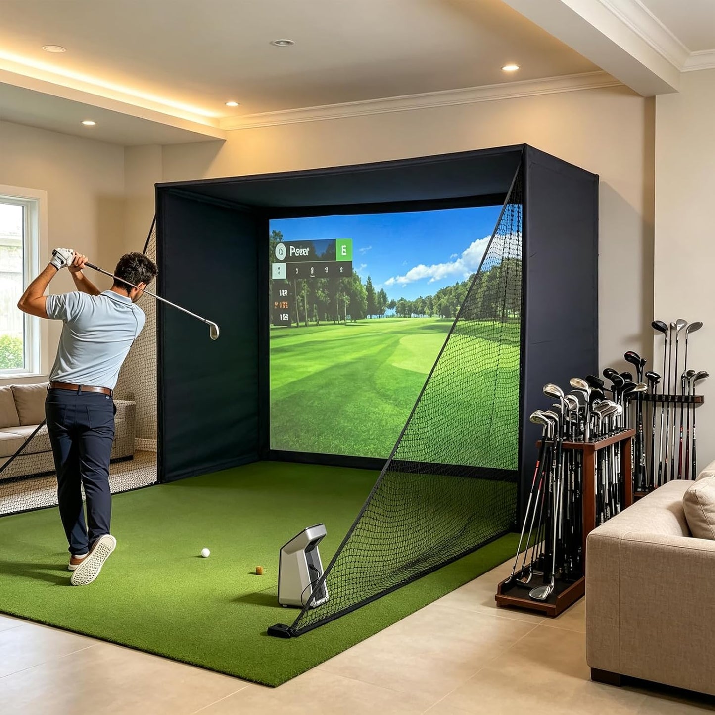Golf Simulator Enclosure with Double-Layer Silent HD Impact Screen & Side Barriers,10×8 Ft Indoor Golf Hitting Cage with Φ32Mm Heavy Duty Stainless Steel Frame, Golf Practice Kit for Garage & Home Use