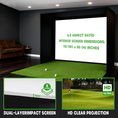 Golf Simulator Enclosure with Double-Layer Silent HD Impact Screen & Side Barriers,10×8 Ft Indoor Golf Hitting Cage with Φ32Mm Heavy Duty Stainless Steel Frame, Golf Practice Kit for Garage & Home Use