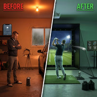 11' X 8' Complete Golf Simulator Enclosure Package, 4K-Ready Impact Screen with Blackout Enclosure Cage, Frame Poles, Side Nets & Sandbags, Easy Setup for Indoor/Garage Practice — Before & After