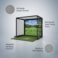 11' X 8' Complete Golf Simulator Enclosure Package, 4K-Ready Impact Screen with Blackout Enclosure Cage, Frame Poles, Side Nets & Sandbags, Easy Setup for Indoor/Garage Practice — infographic