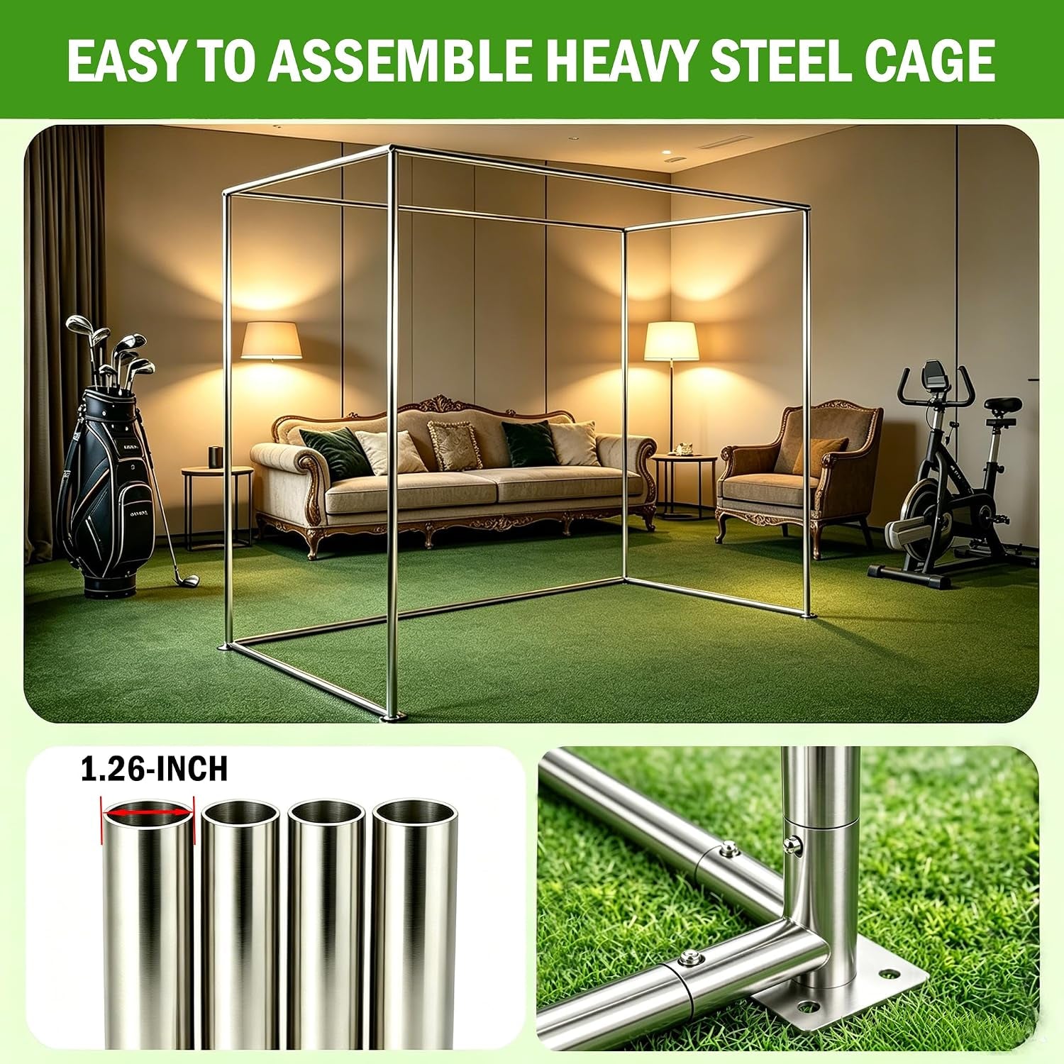 Golf Simulator Enclosure with Double-Layer Silent HD Impact Screen & Side Barriers,10×8 Ft Indoor Golf Hitting Cage with Φ32Mm Heavy Duty Stainless Steel Frame, Golf Practice Kit for Garage & Home Use