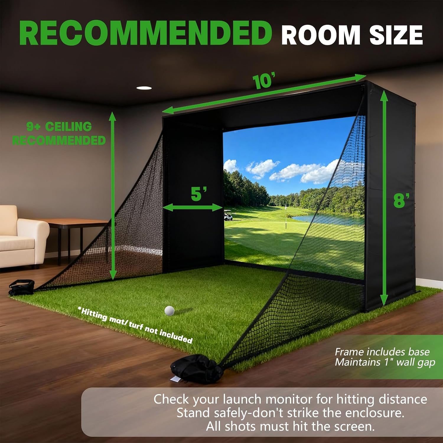 Golf Simulator Enclosure with Double-Layer Silent HD Impact Screen & Side Barriers,10×8 Ft Indoor Golf Hitting Cage with Φ32Mm Heavy Duty Stainless Steel Frame, Golf Practice Kit for Garage & Home Use