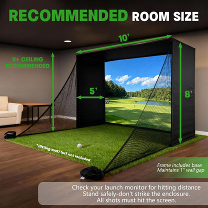 Golf Simulator Enclosure with Double-Layer Silent HD Impact Screen & Side Barriers,10×8 Ft Indoor Golf Hitting Cage with Φ32Mm Heavy Duty Stainless Steel Frame, Golf Practice Kit for Garage & Home Use