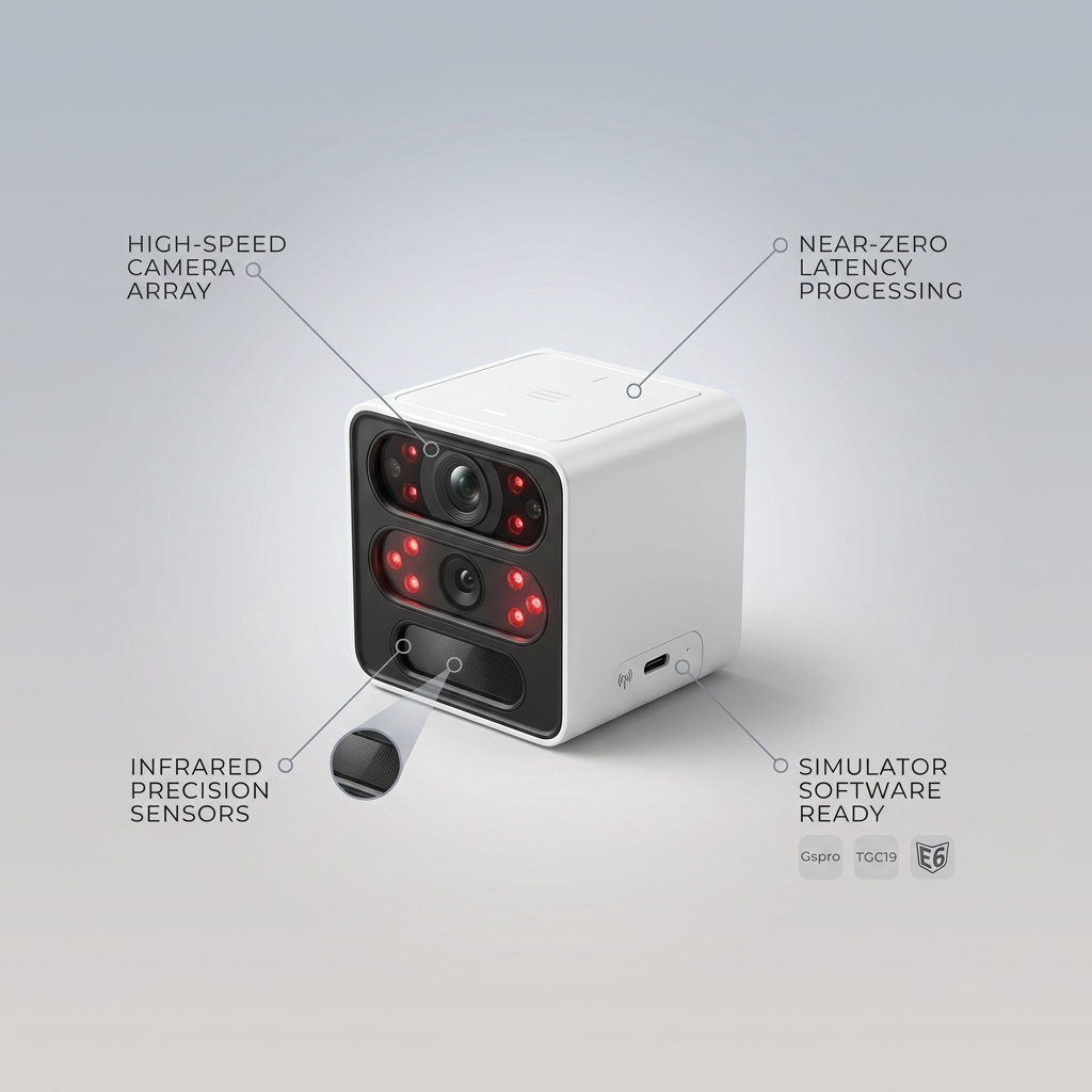 Golf Launch Monitor Designed for Home Simulators, 15 Ball Data Points, Real-Time Tracking, Software Compatible — infographic