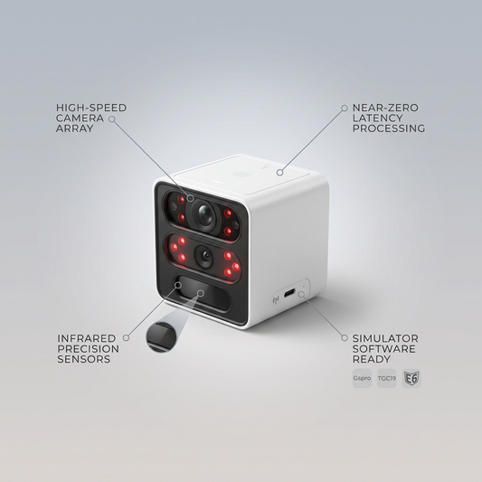 Golf Launch Monitor Designed for Home Simulators, 15 Ball Data Points, Real-Time Tracking, Software Compatible — infographic