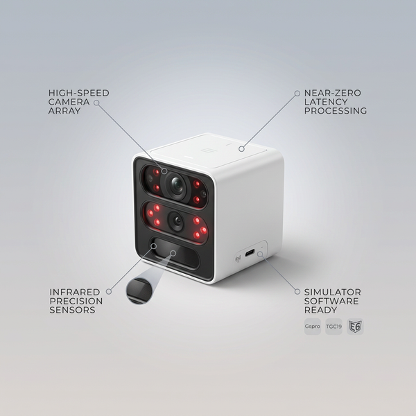 Golf Launch Monitor Designed for Home Simulators, 15 Ball Data Points, Real-Time Tracking, Software Compatible — infographic