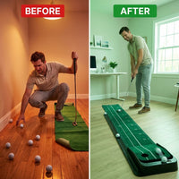 Golf Putting Mat Home Putting Green Golf Practice Velvet Mat with Alignment Guides and Automatic Ball Return for Women and Men — Before & After
