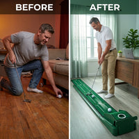 Golf Putting Mat Home Putting Green Golf Practice Velvet Mat with Alignment Guides and Automatic Ball Return for Women and Men — Before & After