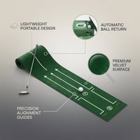 Golf Putting Mat Home Putting Green Golf Practice Velvet Mat with Alignment Guides and Automatic Ball Return for Women and Men — infographic