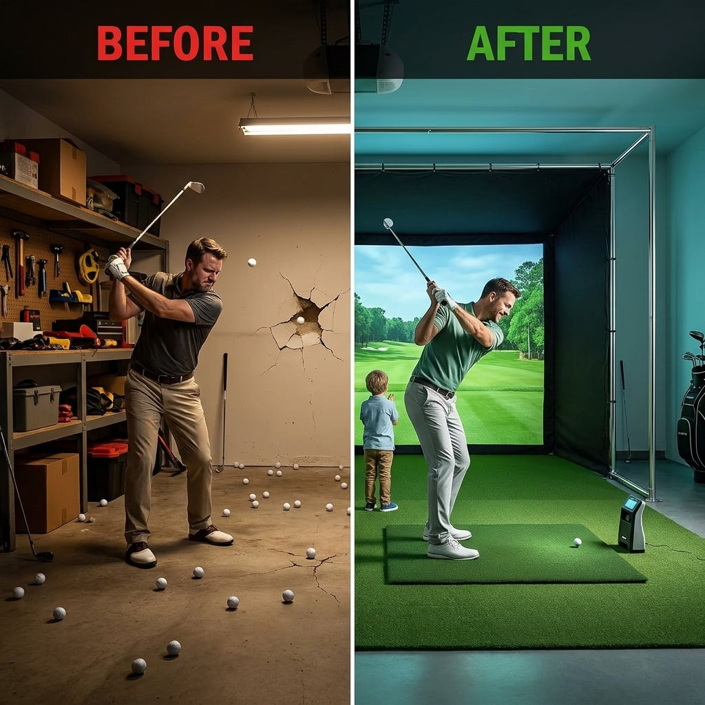 Golf Simulator Enclosure with Double-Layer Silent HD Impact Screen & Side Barriers,10×8 Ft Indoor Golf Hitting Cage with Φ32Mm Heavy Duty Stainless Steel Frame, Golf Practice Kit for Garage & Home Use — Before & After