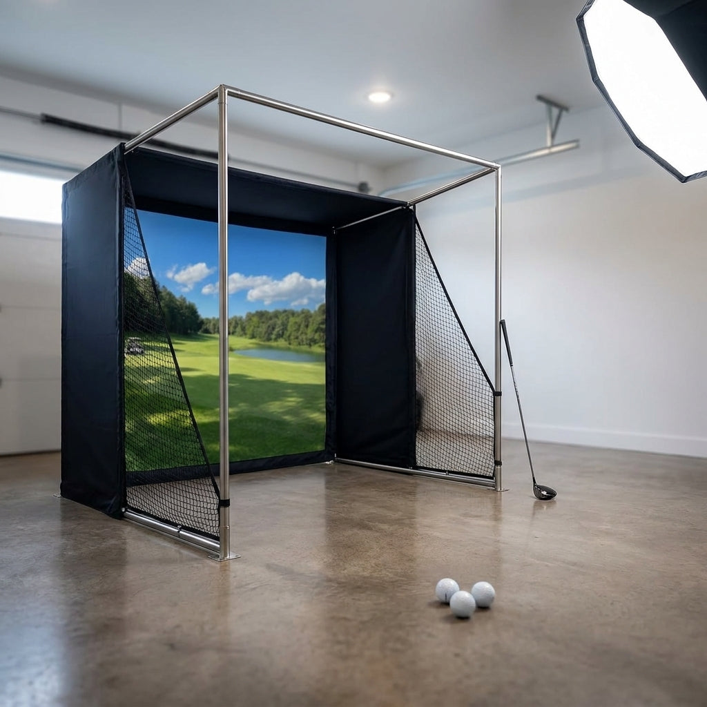 Golf Simulator Enclosure with Double-Layer Silent HD Impact Screen & Side Barriers,10×8 Ft Indoor Golf Hitting Cage with Φ32Mm Heavy Duty Stainless Steel Frame, Golf Practice Kit for Garage & Home Use — Studio Shot