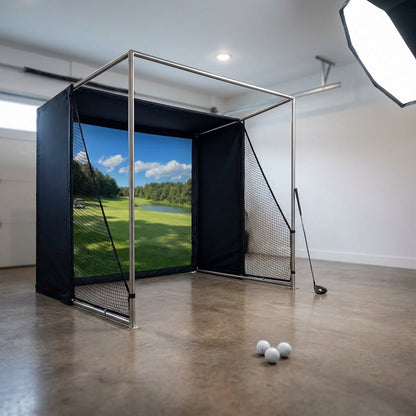 Golf Simulator Enclosure with Double-Layer Silent HD Impact Screen & Side Barriers,10×8 Ft Indoor Golf Hitting Cage with Φ32Mm Heavy Duty Stainless Steel Frame, Golf Practice Kit for Garage & Home Use — Studio Shot
