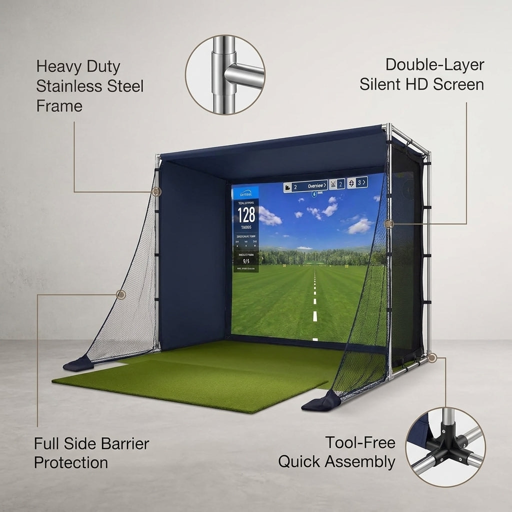 Golf Simulator Enclosure with Double-Layer Silent HD Impact Screen & Side Barriers,10×8 Ft Indoor Golf Hitting Cage with Φ32Mm Heavy Duty Stainless Steel Frame, Golf Practice Kit for Garage & Home Use — infographic