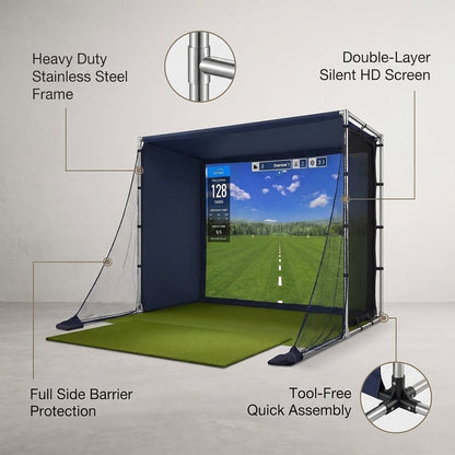 Golf Simulator Enclosure with Double-Layer Silent HD Impact Screen & Side Barriers,10×8 Ft Indoor Golf Hitting Cage with Φ32Mm Heavy Duty Stainless Steel Frame, Golf Practice Kit for Garage & Home Use — infographic