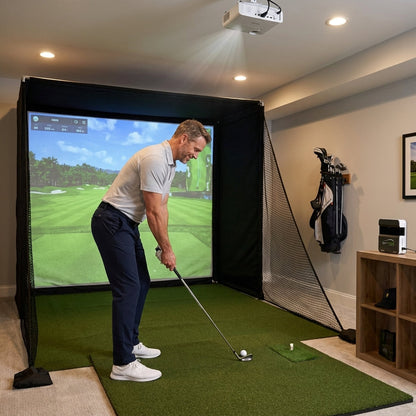 Golf Simulator Enclosure with Double-Layer Silent HD Impact Screen & Side Barriers,10×8 Ft Indoor Golf Hitting Cage with Φ32Mm Heavy Duty Stainless Steel Frame, Golf Practice Kit for Garage & Home Use — Lifestyle