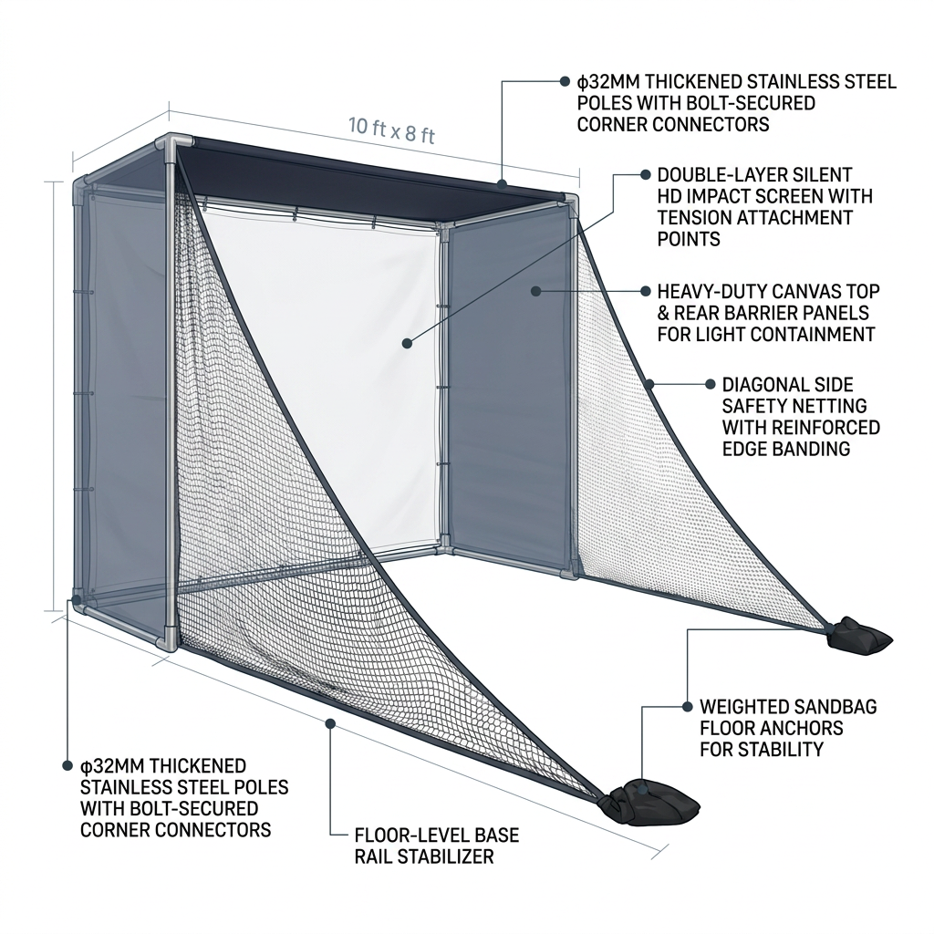 Golf Simulator Enclosure with Double-Layer Silent HD Impact Screen & Side Barriers,10×8 Ft Indoor Golf Hitting Cage with Φ32Mm Heavy Duty Stainless Steel Frame, Golf Practice Kit for Garage & Home Use — How It Works
