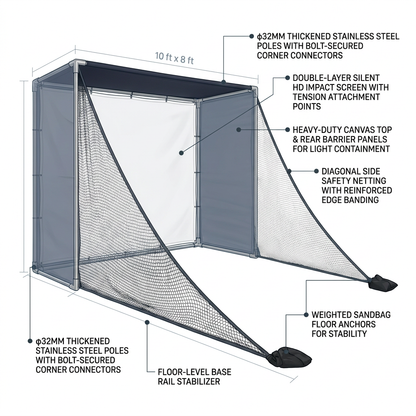 Golf Simulator Enclosure with Double-Layer Silent HD Impact Screen & Side Barriers,10×8 Ft Indoor Golf Hitting Cage with Φ32Mm Heavy Duty Stainless Steel Frame, Golf Practice Kit for Garage & Home Use — How It Works