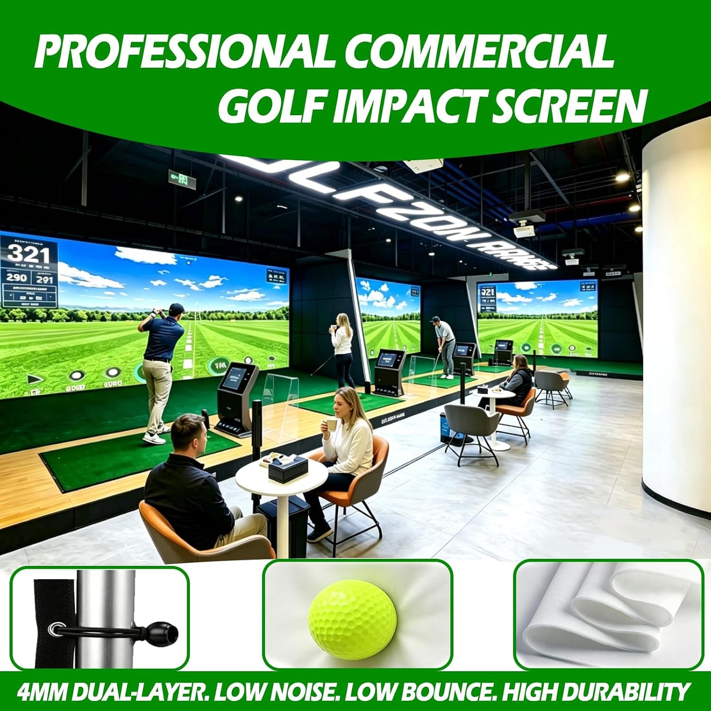 Golf Simulator Enclosure with Double-Layer Silent HD Impact Screen & Side Barriers,10×8 Ft Indoor Golf Hitting Cage with Φ32Mm Heavy Duty Stainless Steel Frame, Golf Practice Kit for Garage & Home Use
