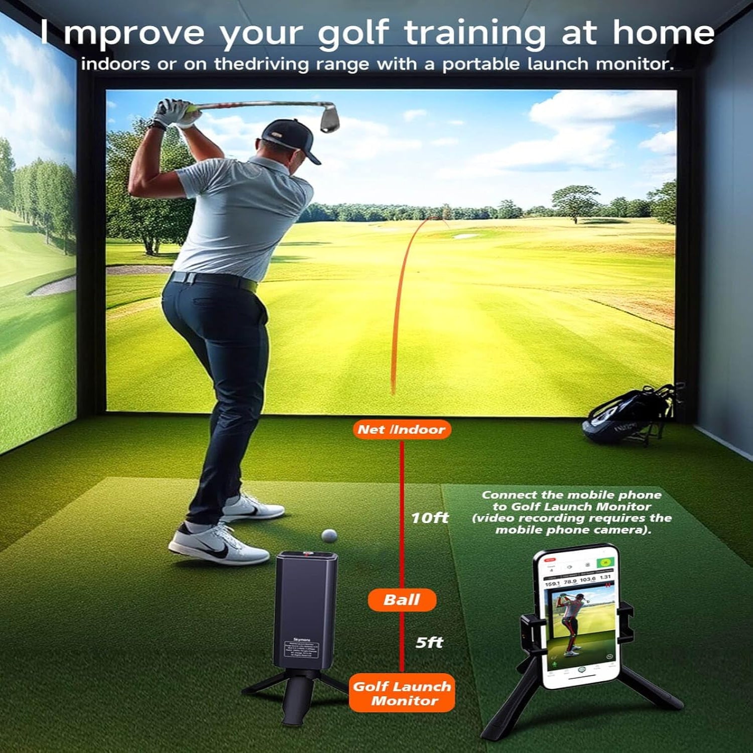 Portable Golf Launch Monitor, Simulators for Home & Training, Mobile Launch Monitor for Golf Swing Analysis, Tracker & Swing Analyzer, Indoor Outdoor Use, up to 10 Hours Battery Life.